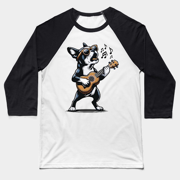 Dog Playing Guitar Singing Boston Terrier Funny Baseball T-Shirt by BraaiNinja